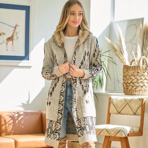 new ON BLUE CARDIGAN SWEATER fur hood western bohemian AZTEC YELLOWSTONE SM-XL